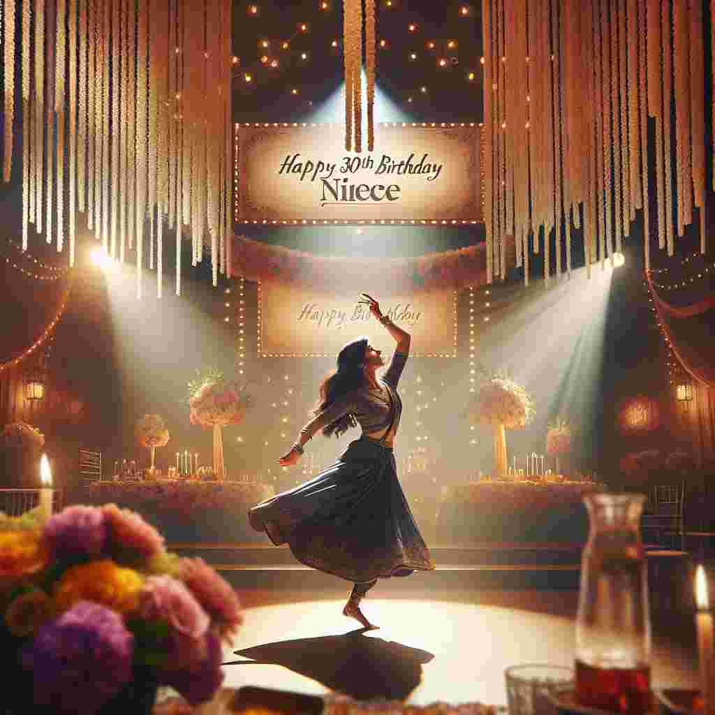 In this joyful, birthday celebration setting, the room is filled with energy, anticipation, and the aroma of fresh blooms. The spotlight softly illuminates the stage as a South Asian woman, an elegant Bollywood dancer, is intently performing. Her movements display both depth of emotion and perfect technique, holding her audience in rapt attention. Above her, strings hold up a banner that reads 'Happy 30th Birthday Niece', hung in a cheerful curve. This scenario beautifully merges the enchanting aesthetics of Bollywood with the warmth and happiness typical of familial gatherings, thereby creating an idyllic tribute for a cherished niece's milestone day.
Generated with these themes: A bollywood dancer on stage, and Happy 30th birthday Niece.
Made with ❤️ by AI.