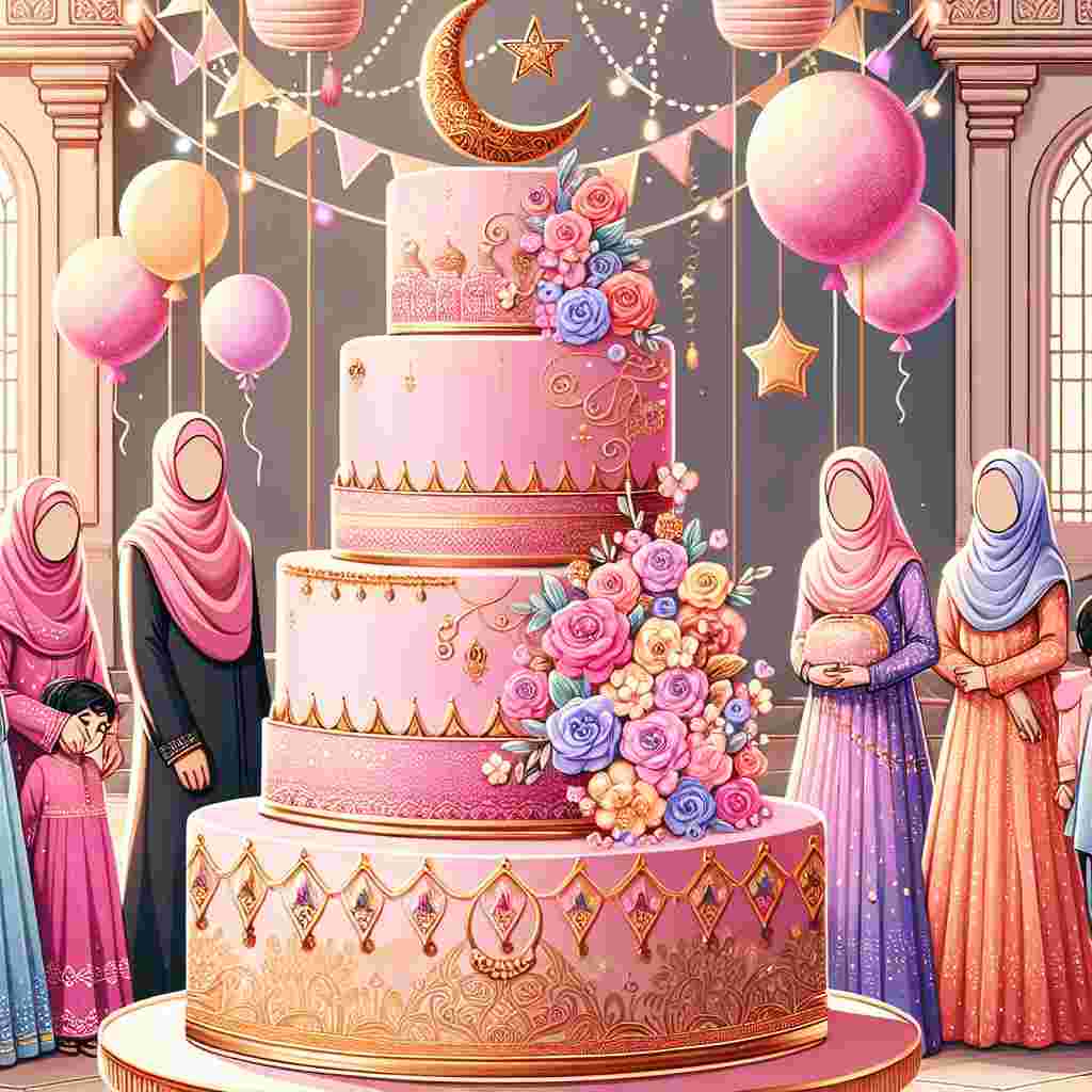 Generate an image showcasing a heart-warming scene with a multi-tiered cake ornamented with pink icing and intricate gold designs. A family of Indian Muslim descent is gathering in celebration, clad in vibrant traditional attire. Women in the family can be seen with their hijabs styled gracefully. The atmosphere is softened with pastel balloons, and symbols of Islamic faith like the moon and a star are floating above. The phrase 'A Special Welcome' is inscribed elegantly in the backdrop, commemorating a joyous welcoming event for a baby girl.
Generated with these themes: Baby Girl, Cake, Muslim, Indian, and Special .
Made with ❤️ by AI.