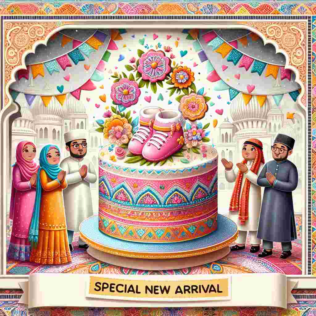 Create an image illustrating a jubilant celebration for a newborn baby girl. The setting features an Indian pattern filled backdrop in vivacious colors, placing a beautifully adorned cake at the center. The cake is embellished with fondant baby booties and delicate flowers for toppings. A Muslim family in traditional clothing radiates joy as they gather around the cake. Integrating cultural elements, the scene further adorns itself with the text 'Special New Arrival'.
Generated with these themes: Baby Girl, Cake, Muslim, Indian, and Special .
Made with ❤️ by AI.