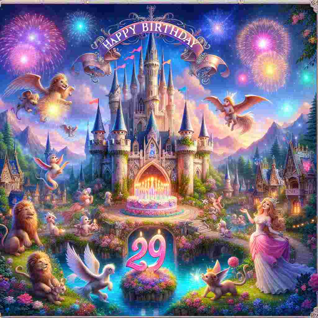 A cute tableau featuring a fantasy landscape with magical creatures, each holding a letter to spell out 'Happy Birthday.' In the center, a fairy-tale castle with a banner on the tallest tower prominently displays '29th.' Around the castle, there are fireworks and sparkles for a celebratory mood.
Generated with these themes: 29th  .
Made with ❤️ by AI.