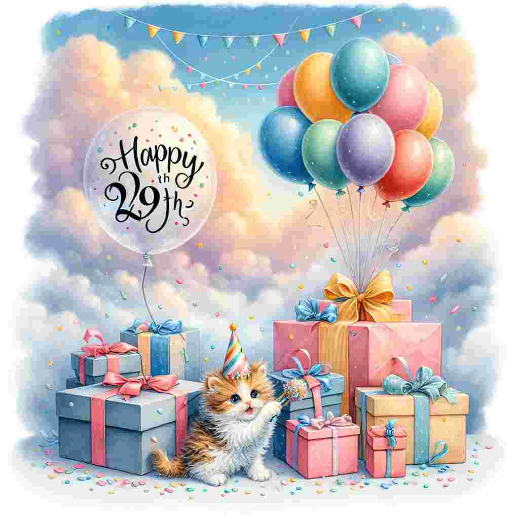 A charming illustration depicts a kitten with a party hat next to a pile of wrapped gifts. The kitten is pawing a balloon with the number '29th' on it. In the background, 'Happy Birthday' is written in cheerful, curly script above a scene of soft clouds and pastel-colored bunting.
Generated with these themes: 29th  .
Made with ❤️ by AI.