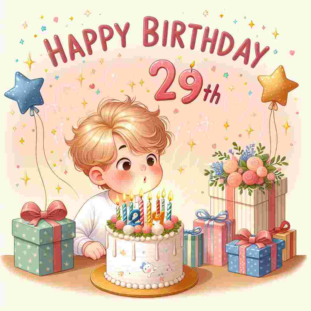 An adorable illustration of a chubby-cheeked child blowing out candles on a festive birthday cake, decorated with the number '29th.' The cake sits atop a table with gifts, and above the scene, the words 'Happy Birthday' are spelled out in cute, playful lettering surrounded by stars.
Generated with these themes: 29th  .
Made with ❤️ by AI.