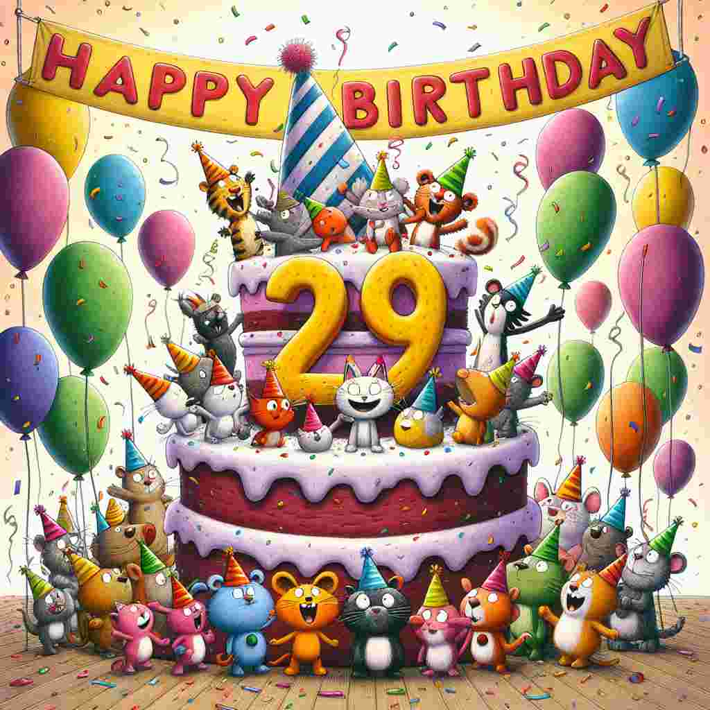 A whimsical scene showing a group of cartoon animals with party hats gathered around a large, colorful cake with '29th' written in icing. Above them floats a banner saying 'Happy Birthday' against a backdrop of floating balloons and confetti.
Generated with these themes: 29th  .
Made with ❤️ by AI.