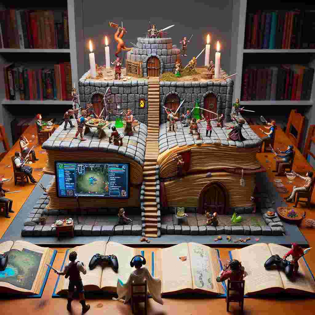 Visualize a comically themed birthday party heavily influenced by gaming culture. The scene's focal point is a colossal, multilayered cake designed to resemble a dungeon from a fantasy role-playing game. Miniature figures, each representing party attendees, partake in simulated combat on the cake's top layer, utilizing minute utensils as weapons and birthday candles for casting spells. Every character present around the table holds a game controller and sports a headset, entirely engrossed in an RPG displayed on screens cleverly hidden inside large, Tolkien-esque books. These books serve as table markers for each attendee.
Generated with these themes: Gaming, Dungeons and Dragons , and Tolkien .
Made with ❤️ by AI.