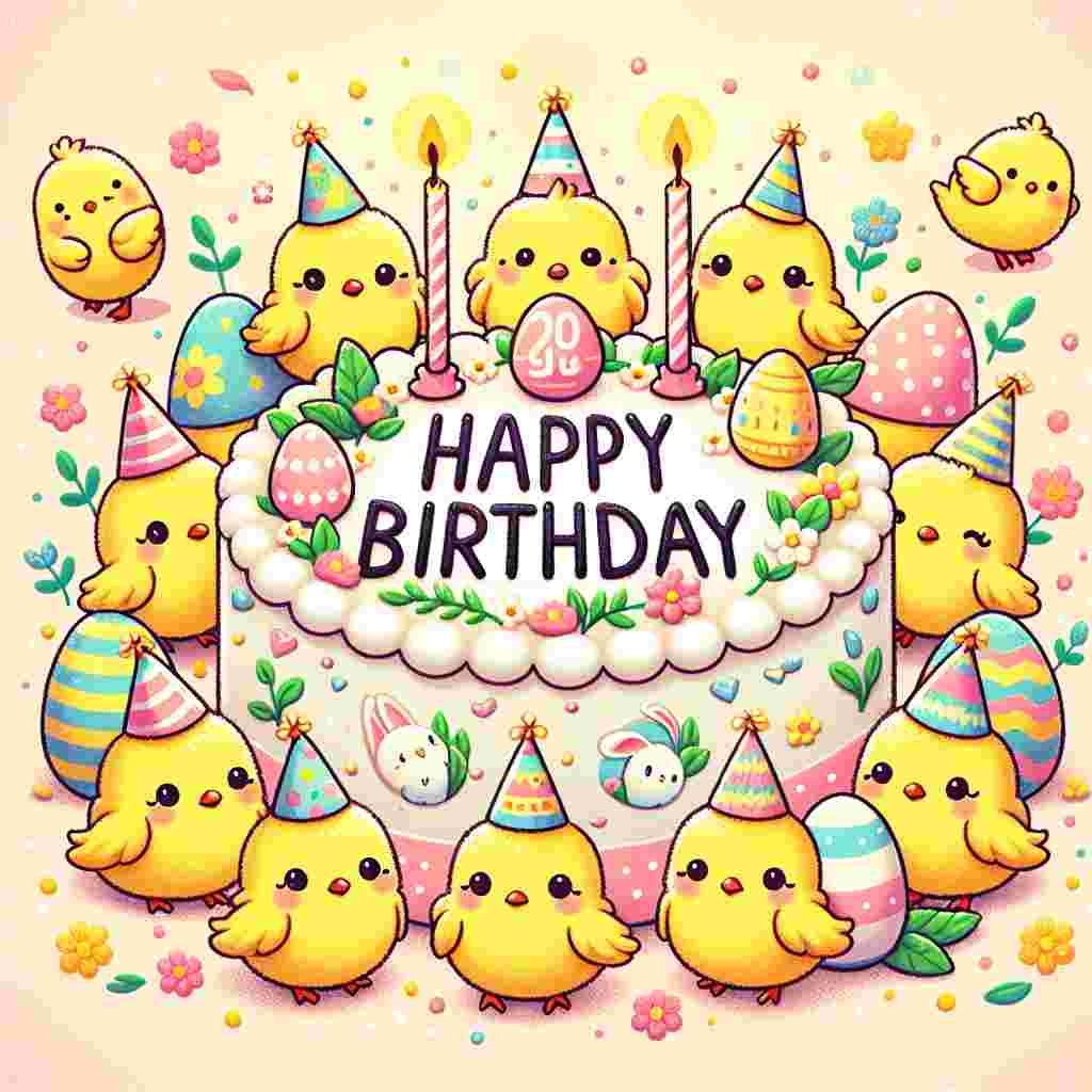 A charming illustration of a springtime birthday scene, where a group of cute chicks in party hats gather around a cake with candles, decorated with Easter motifs. The festive 'Happy Birthday' greeting is nestled among the decorations.
Generated with these themes: easter  designs.
Made with ❤️ by AI.