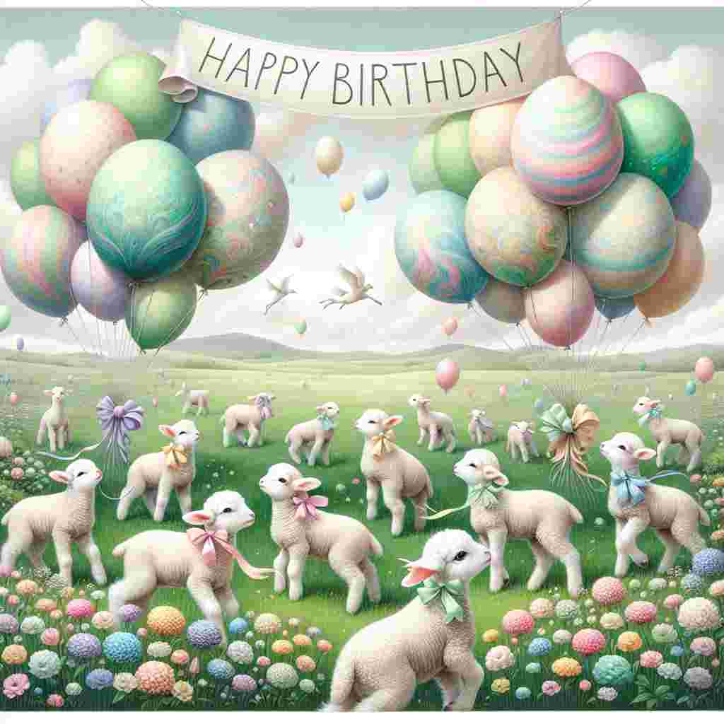 An endearing birthday sketch featuring a meadow with frolicking lambs, each with a pastel ribbon, amidst Easter egg balloons. A banner with the message 'Happy Birthday' is draped across the top, completing the festive mood.
Generated with these themes: easter  designs.
Made with ❤️ by AI.