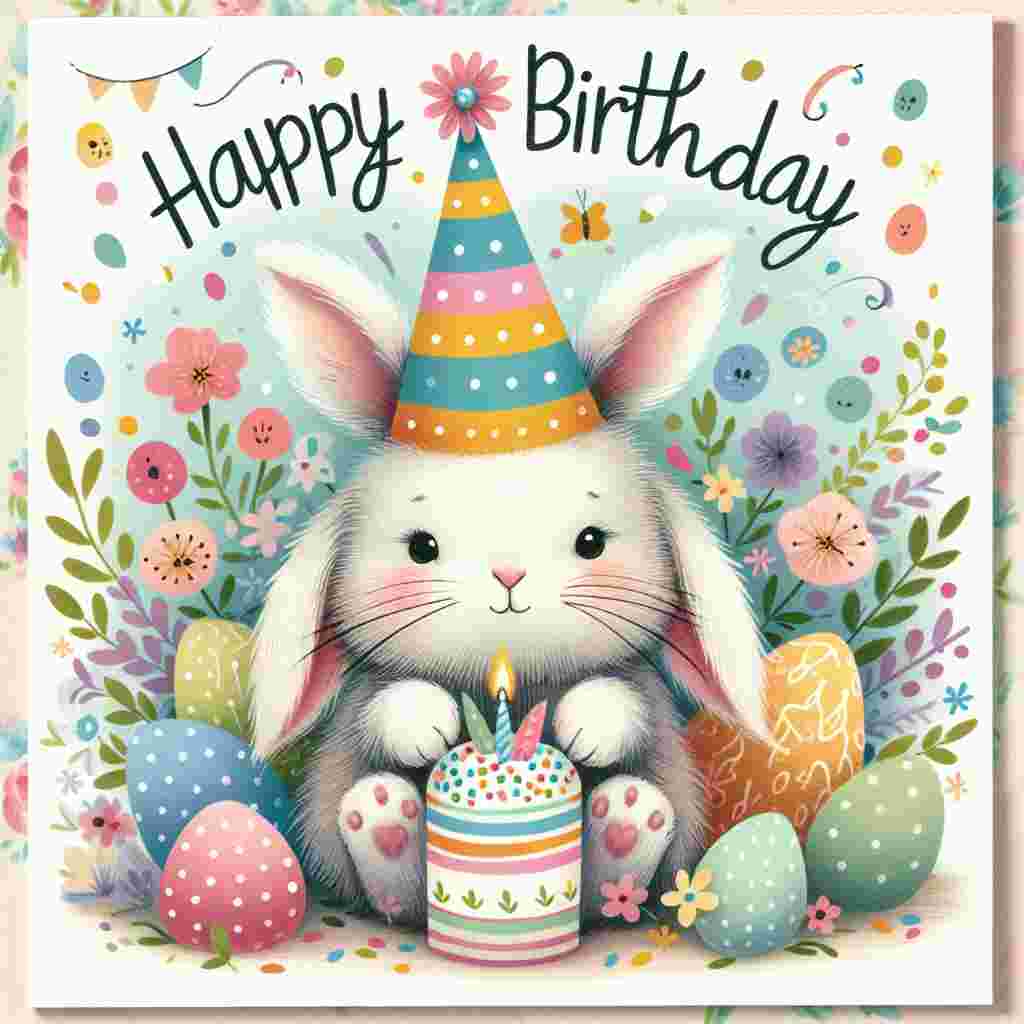 A whimsical birthday card with a pastel-colored backdrop featuring an adorable bunny in a party hat, surrounded by Easter eggs and flowers. Overhead, 'Happy Birthday' is written in a playful, bubbly font.
Generated with these themes: easter  designs.
Made with ❤️ by AI.