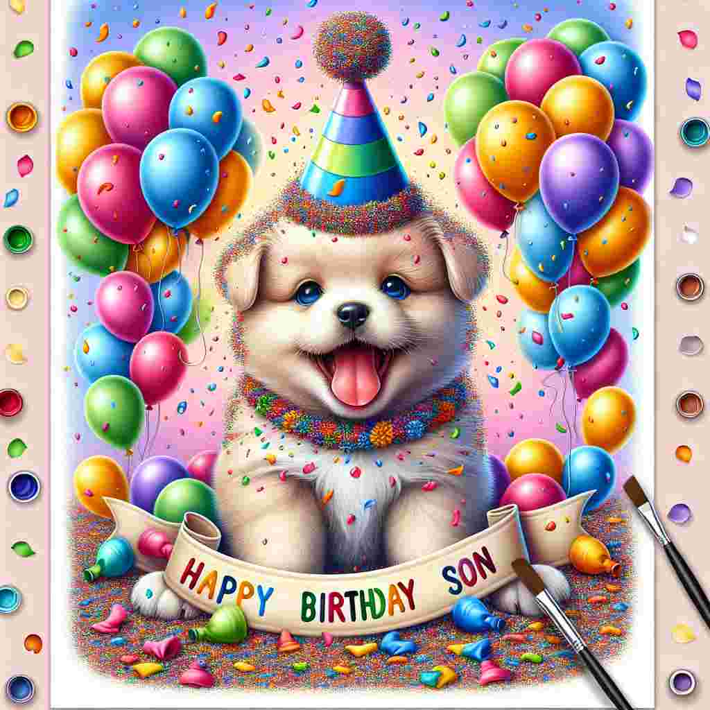 A whimsical illustration featuring a playful puppy wearing a party hat, surrounded by balloons and confetti. At the center, a large 'Happy 19th Son' message is styled with vibrant colors, overlaying a banner that says 'Happy Birthday' against a soft, pastel background.
Generated with these themes: happy 19th  son.
Made with ❤️ by AI.