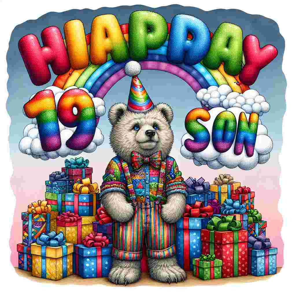 A festive illustration of a bear cub dressed in a party attire, standing near a mountain of gifts. A colorful 'Happy 19th Son' phrase is featured prominently in the sky like a rainbow, with playful clouds around it spelling out 'Happy Birthday' in a fun, bubbly font.
Generated with these themes: happy 19th  son.
Made with ❤️ by AI.