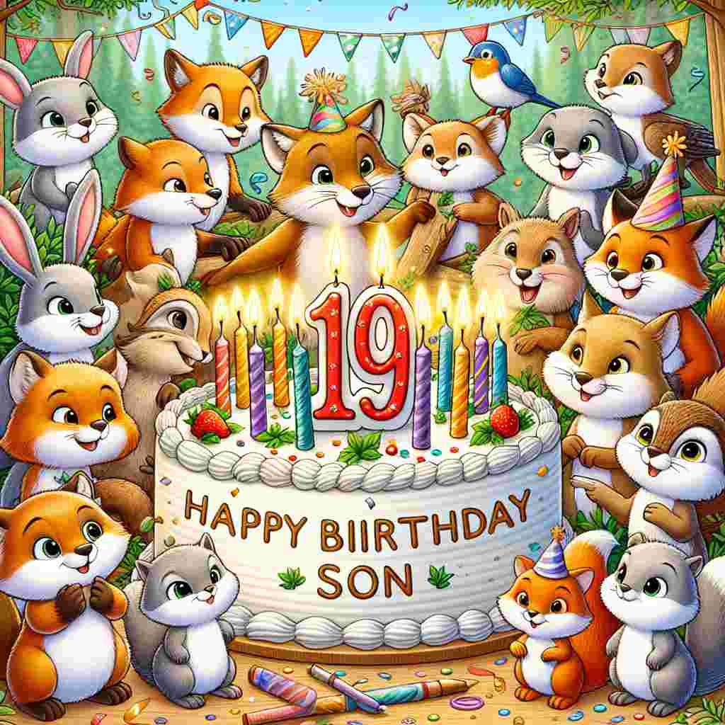 A charming scene with cartoon woodland creatures gathered around a cake with 19 candles. The animals hold a banner that reads 'Happy Birthday' above their heads, and a big, bold inscription 'Happy 19th Son' is etched onto the cake's icing, all set against a backdrop of party decorations.
Generated with these themes: happy 19th  son.
Made with ❤️ by AI.
