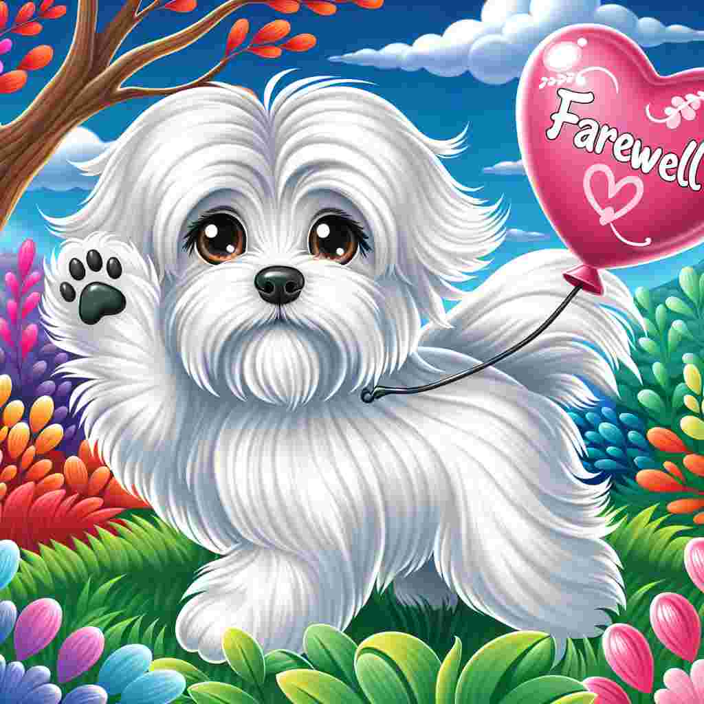 Illustrate a delightful cartoon depicting an adult Maltese dog showcasing a fluffy white coat and expressive dark brown eyes nestled within a vibrant landscape. The dog holds a heart-shaped balloon in its mouth, inscribed with the word 'Farewell' in fanciful lettering, waving one paw, seeming to bid goodbye. Its tail is gently swaying with the wind changing the surroundings.
.
Made with ❤️ by AI.