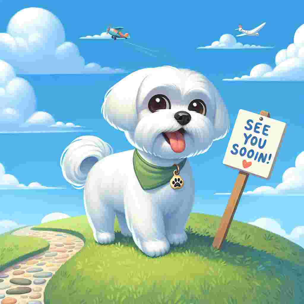 Illustrate an endearing scene featuring an adult Maltese dog with a white coat and expressive dark brown eyes, standing on a grassy mound under a cloudless sapphire blue sky. Around the dog's neck is a sign playfully inscribed with the words 'See you soon!', adding an element of joyful anticipation. The dog appears to be barking cheerfully, its spirited character shining through. Further behind, a cozy path extends into the distance, acting as a symbolic representation of a journey yet to unfold.
.
Made with ❤️ by AI.