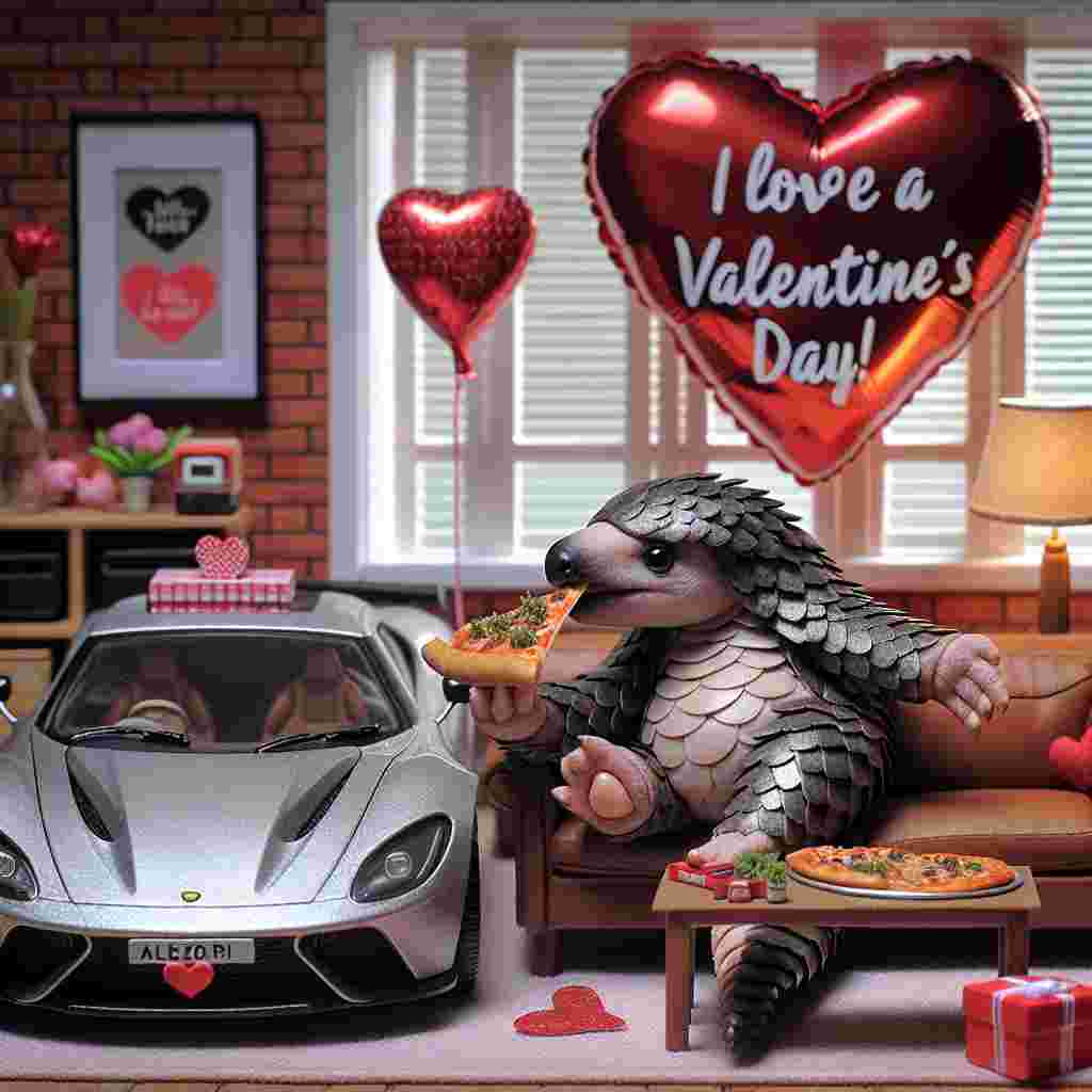 Imagine a charmingly humorous Valentine's Day scene set in a cozy living room. An adorable pangolin, bearing a playful resemblance to a reptile superhero from a well-known cartoon, nonchalantly lounges on the couch, eating a slice of pizza infused with unusual herbs. The room is decorated with heart-shaped balloons and a banner that humorously declares 'Shell of a Valentine's Day!' Occupying a corner of the room, a sleek diecast model of a luxury automobile radiates romance, bearing miniature 'I Love You' license plates and a box of chocolates, appropriately sized for our pangolin, placed atop its hood.
Generated with these themes: Pangolin, Marijuana, Teenage Mutant Ninja Turtles, and Audi Quattro.
Made with ❤️ by AI.