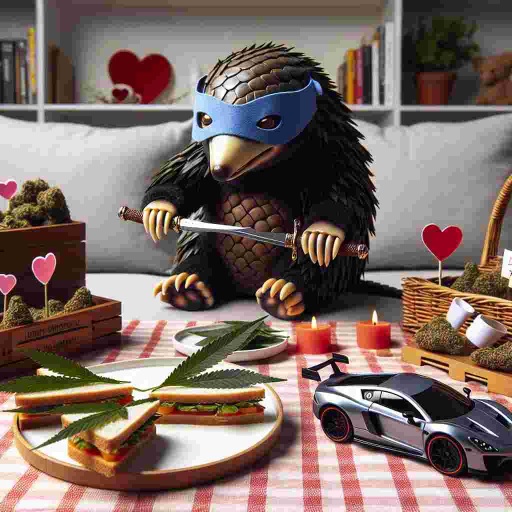 Imagine a delightful Valentine's Day scene. A shy pangolin wearing a blue mask and dual wielded swords, reminiscent of a popular turtle-themed comic character, discovers a romantically set-up picnic. The meal includes sandwiches cut in the shape of hemp leaves, synonymous with an unconventional 'herbal' love potion. Right next to the picnic, there's a radio-controlled luxury sports car model whizzing around, blaring love songs from a DIY sound system secured on its top. The sprightly car maneuvers around miniature traffic cones adorned with hearts, providing an amusing love race on a love track set up in a living room.
Generated with these themes: Pangolin, Marijuana, Teenage Mutant Ninja Turtles, and Audi Quattro.
Made with ❤️ by AI.