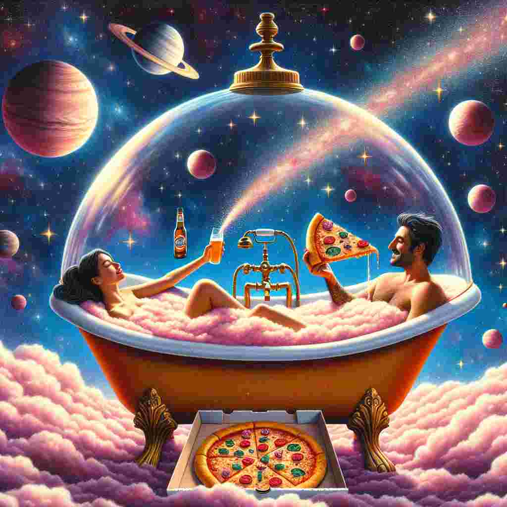 Envision an enchanting Valentine's Day illustration that transcends norms. The centerpiece is a huge, domed claw-foot bathtub, filled with fluffy, rose-colored water, drifting in the middle of the universe. Orbiting celestial bodies cast a subtle radiance over a Caucasian man and a Hispanic woman soaking in the bath, their countenances revealing a blend of tranquility and joy. Resting on the tub's rim, an open pizza box unveils a love-themed pizza, each segment garnished with tiny, edible star configurations. Above them, an uncapped beer bottle floats, its liquid magically spouting into the vacuum to construct a glistening arch that sets the scene in this galactic tableau.
Generated with these themes: Bath, Beer, Planets, and Pizza.
Made with ❤️ by AI.