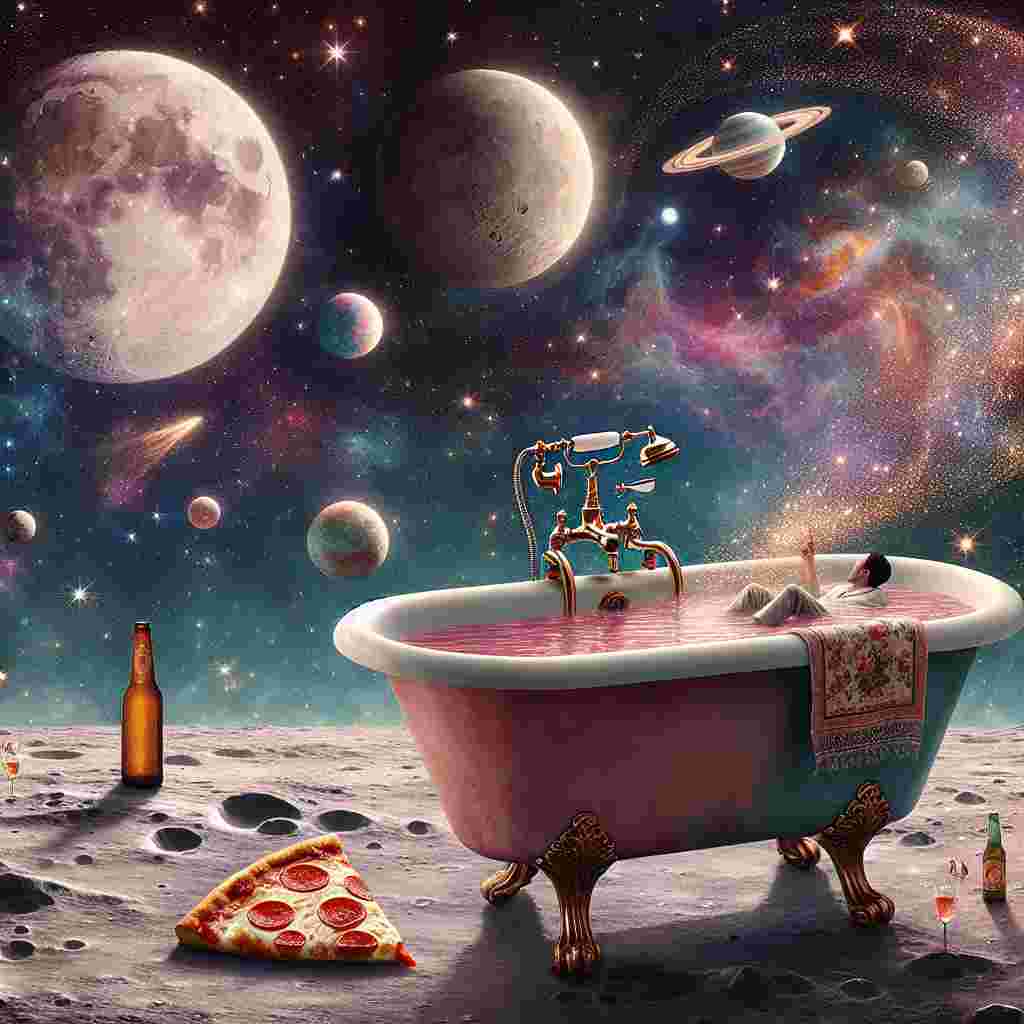 Envision a whimsical and romantic scenery set in the cosmos, where a classic Victorian claw-foot bathtub rests on the peaceful surface of the moon, amidst a shimmering sea of stars and swirling nebulae. An anonymous couple, having a shared moment filled with warmth and laughter, lies submerged within the bathtub's rose-colored waters. Around them, a procession of planets put on a graceful display, creating the illusion of a stellar ballet. A solitary slice of pepperoni pizza leisurely drifts next to the bathtub, attached to a beer bottle that rotates gently, producing a stream of golden bubbles. High up in the star-filled canvas, a constellation taking the shape of a pizza shapes a romantic message, capping off this surreal, cosmic, Valentine's Day-themed journey.
Generated with these themes: Bath, Beer, Planets, and Pizza.
Made with ❤️ by AI.