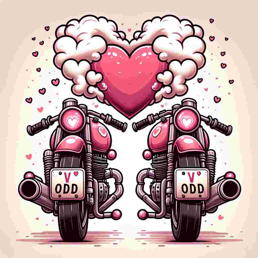 Create an endearing Valentine's Day illustration featuring two cartoon-style classic motorcycles with exhaust clouds shaped like hearts. The motorcycles are positioned in a way that their handles almost touch, mimicking a romantic embrace. The license plates humorously show 'V1 ODD'. The color scheme is delicate, dominated by shades of pink and red, and the background is sprinkled with small hearts to reinforce the theme of affection.
Generated with these themes: Harley Davidson motorcycles registration V1 ODD.
Made with ❤️ by AI.