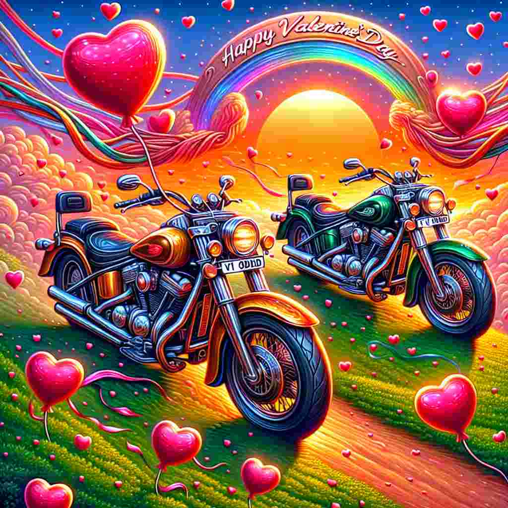 Imagine a picturesque scenario where a pair of stylized, non-specific brand motorcycles are perched on a lush green hill. These vehicles are depicted in a distinctive style with bold lines and vibrant colors that starkly contrast a sunset backdrop. Notably, each motorcycle's registration plate reads 'V1 ODD'. Iridescent ribbons and heart motifs dot the motorcycles, lending a festive aura reminiscent of Valentine's Day celebrations. Around these sensational motorcycles, a cascade of heart-shaped balloons seems to drift in the air. Above these magnificent vehicles, a banner flutters, featuring the words 'Happy Valentine's Day' in an exuberant, cheerful script.
Generated with these themes: Harley Davidson motorcycles registration V1 ODD.
Made with ❤️ by AI.