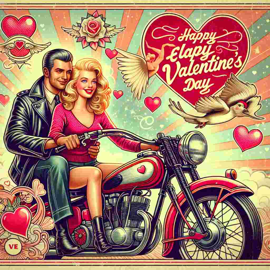 Showcase a charming scene themed for Valentine's Day where the essence of love and adventure combines. Imagine a pair, a man, and a woman with blonde hair, riding together on a typical retro motorcycle. The man, presenting the classic visage of a motorbike rider, commands the driver's seat, while the woman takes pleasure in the journey from the back seat. Encompassing them, envision whimsical hearts and symbols associated with Valentine's Day painted against a background radiating the warmth and affection symbolic of this holiday.
Generated with these themes: Harley Davidson motorcycles registration V2 ODD man rider lady blonde hair passenger .
Made with ❤️ by AI.