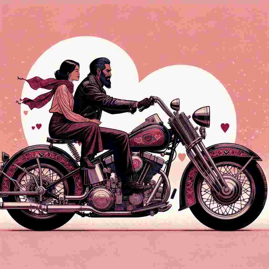 A captivating Valentine's Day illustrative art featuring an imposing V-twin engine, classic motorcycle, emulating certain aesthetic characteristics of a V2 ODD Harley Davidson without infringing copyrights. On the bike, there is a rugged man of Hispanic descent as the rider and a stunning blonde-haired woman of South Asian descent as the pillion. The motorcycle, decorated with understated heart patterns, is set against a backdrop of soft blush and crimson hues, symbolizing the blend of romance and adventure inherent to the journey. The overall mood is one of affectionate thrill juxtaposed with goosebump-inducing speed of the ride.
Generated with these themes: Harley Davidson motorcycles registration V2 ODD man rider lady blonde hair passenger .
Made with ❤️ by AI.