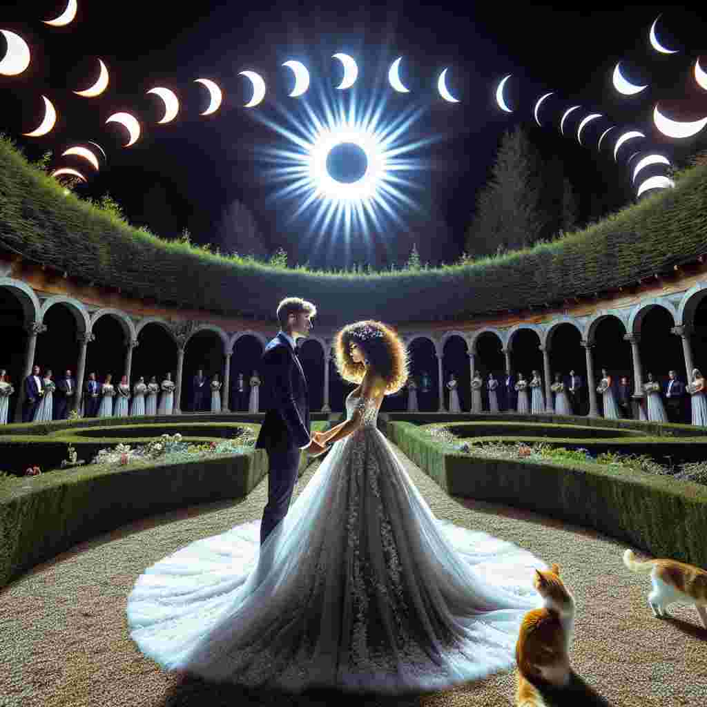 Under the mesmerizing display of a sun-moon eclipse, a garden located within the context of Basque Country morphs into a magical wedding site. The center of the garden is occupied by a bride of Hispanic descent who radiates an ethereal charm, her dark curly hair enhancing her allure. She is beautifully contrasted by her groom, a Caucasian man whose blonde hair shines under the eclipse's unique light. As the unusual daylight intensifies the colors of the ceremony, a ginger and white cat wanders about, silently observing the couple's eternal union in this extraordinary environment.
Generated with these themes: Dark curly haired Bride , Blonde long haired Groom , Sun moon eclipse, Garden wedding , Ginger and white cat , and Basque Country .
Made with ❤️ by AI.
