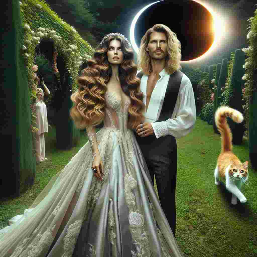 Envision a mesmerizing scene wherein a brunette-haired, Caucasian bride with flowing curls stand gracefully beside her blonde-haired, Hispanic groom with long locks. Their gaze is captivated by a sun-moon eclipse occurring above them, casting an otherworldly glow over the verdant garden setting of their nuptials in the Basque Country. The magical atmosphere is amplified by a ginger and white cat that is merrily dodging between the guests, contributing a dash of whimsical fascination to the day.
Generated with these themes: Dark curly haired Bride , Blonde long haired Groom , Sun moon eclipse, Garden wedding , Ginger and white cat , and Basque Country .
Made with ❤️ by AI.