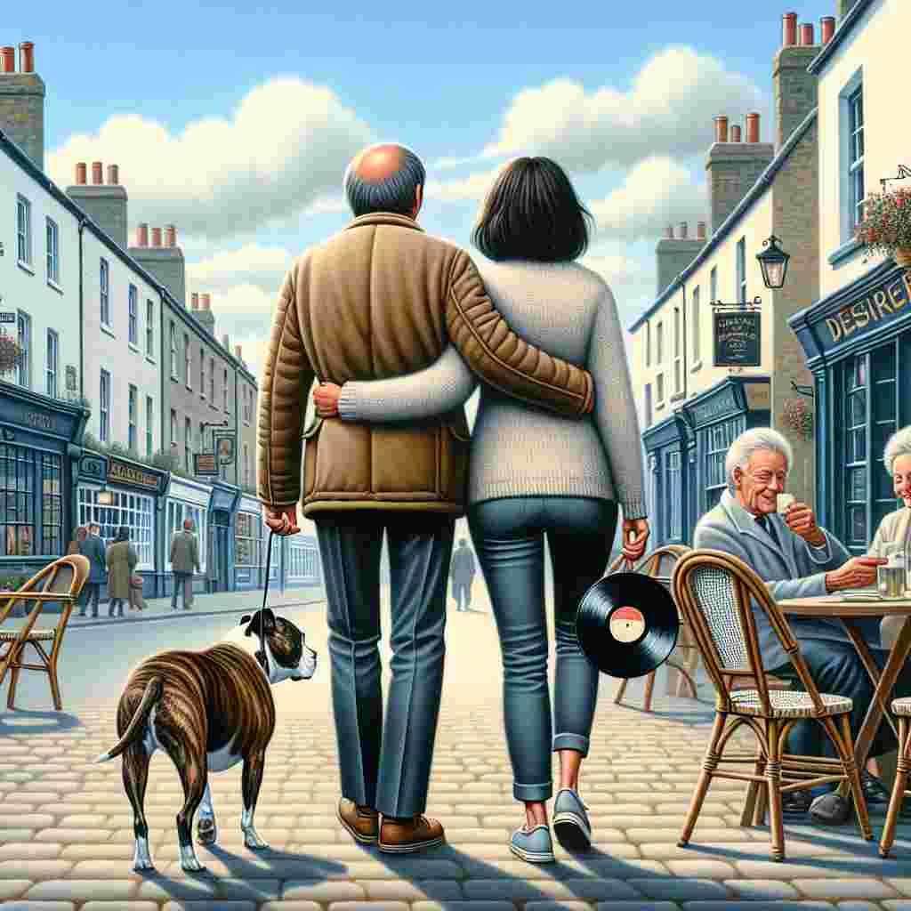 A picturesque Valentine's Day illustration that encapsulates companionship set in a quiet English market town. Against the backdrop of a blue sky, signifying optimism, an affectionate moment unfolds between a middle-aged Caucasian British couple viewed from the back. A slim, clean-shaven man with thinning brown hair and his partner, a brunette woman with shoulder-length hair and a fuller physique, are seen walking hand in hand. Clad in cushioned jackets and walking shoes, they display their mutual relaxed lifestyle. In their leisurely walk, they explore vinyl records, revealing a shared fondness for ageless music. Adding to the emotional bond, their loyal old, plump brindle Staffordshire bull terrier walks along with them. The tranquil atmosphere of the town is amplified with outdoor bistro tables positioned outside a charming pub, beckoning passersby for a breather.
Generated with these themes: Show the backs of a white British couple. middle aged, late 50s. walking, holding hands. brown haired bald headed man, clean shaven, slim build. Brunette shoulder length hair lady, overweight. Wearing padded jackets and walking shoes., Buying vinyl records, English market town street, Show the back of an old chubby brindle Staffordshire bull terrier on a lead., Love, Blue sky, and Bistro tables outside a pub.
Made with ❤️ by AI.