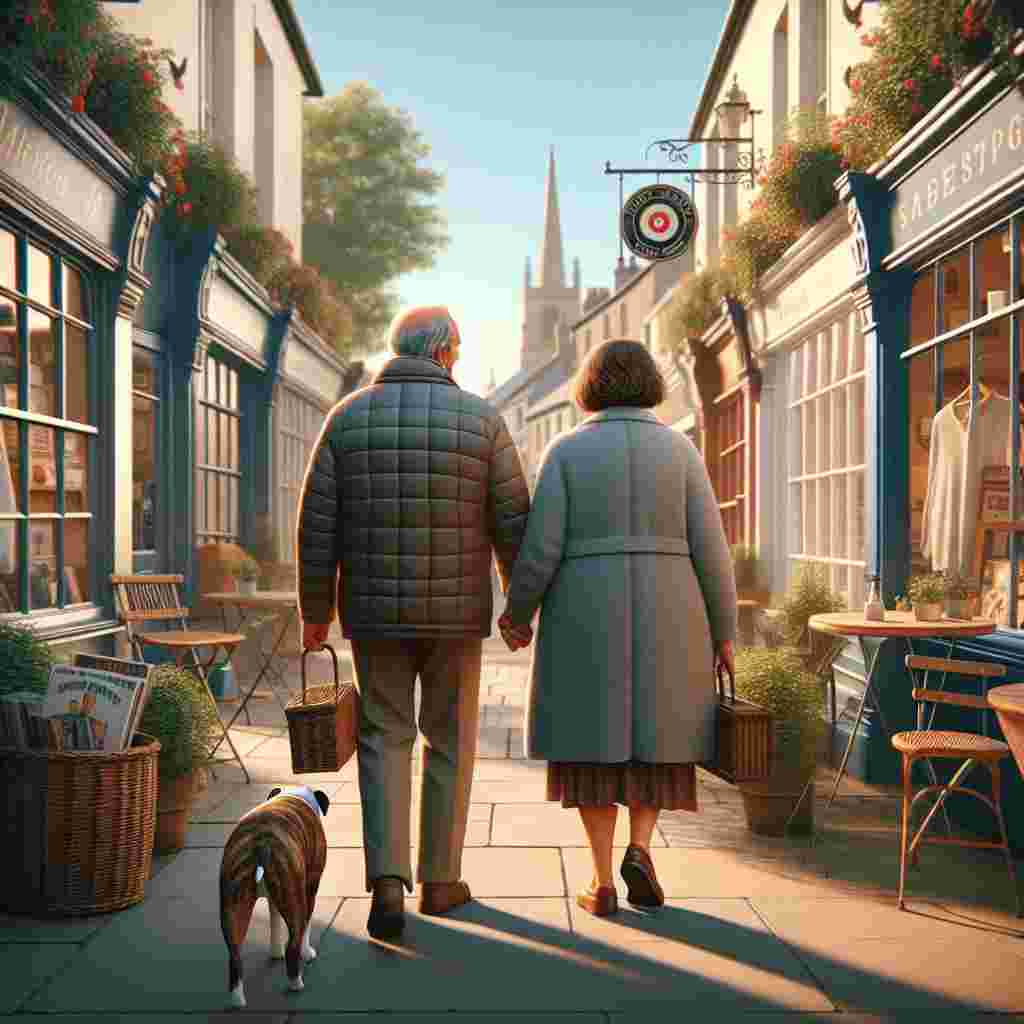 This image captures warmth, illustrating a classic English market town on a Valentine's Day. The blue sky overhead enriches the lovely setting where we see the backs of an aged loving couple of Caucasian British descent. The slim man in his late 50s has brown hair and is balding while the slightly overweight woman of the same age has brunette shoulder-length hair. They both are comfortably dressed in padded jackets and walking shoes. Their hands are intertwined, symbolizing a lifelong journey of mutual affection. They are exploring a record shop, choosing vinyls that stir memories of their shared past. Following them is a chubby brindle Staffordshire bull terrier on a leash, very much a part of their family. The marketplace is leisurely with bistro tables outside a local pub inviting the townsfolk and visitors. This image beautifully captures the bonds of love and companionship in typical everyday settings.
Generated with these themes: Show the backs of a white British couple. middle aged, late 50s. walking, holding hands. brown haired bald headed man, clean shaven, slim build. Brunette shoulder length hair lady, overweight. Wearing padded jackets and walking shoes., Buying vinyl records, English market town street, Show the back of an old chubby brindle Staffordshire bull terrier on a lead., Love, Blue sky, and Bistro tables outside a pub.
Made with ❤️ by AI.