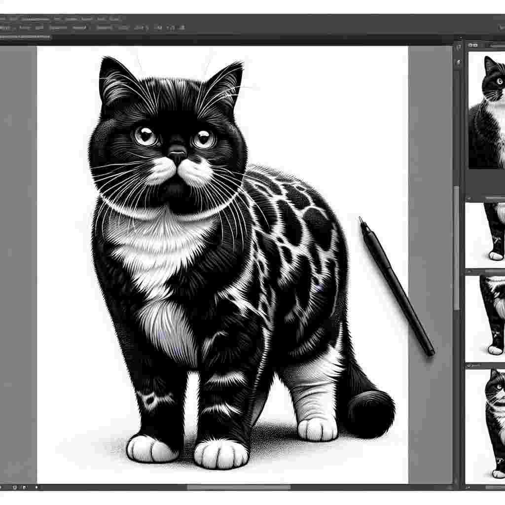 Create a detailed and engaging illustration featuring an average-sized adult domestic shorthair cat. This feline character is the centerpiece of the scene, captivating the viewer's attention with its striking black and white fur. The design notably doesn't reveal the cat's eyes, redirecting focus on the enchanting patterns on its coat and its charming posture.
.
Made with ❤️ by AI.