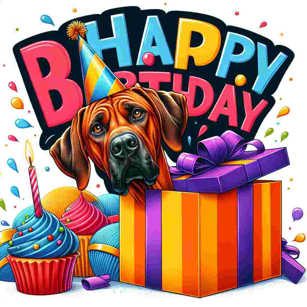 The drawing showcases a curious Rhodesian Ridgeback peeking its head through a giant, brightly wrapped birthday present. Party hats and cupcakes adorn the space, while 'Happy Birthday' is scripted across the top in bold, cheerful letters, complementing the dog’s festive spirit.
Generated with these themes: Rhodesian Ridgeback  .
Made with ❤️ by AI.