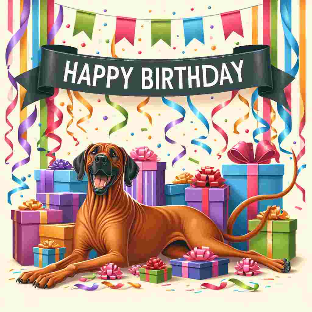In this heartwarming birthday scene, a lovable Rhodesian Ridgeback lies amidst a pile of gift boxes, its tail wagging with joy. Colorful streamers drape in the background, and a banner bearing the message 'Happy Birthday' stretches across the top, framing the content pup.
Generated with these themes: Rhodesian Ridgeback  .
Made with ❤️ by AI.