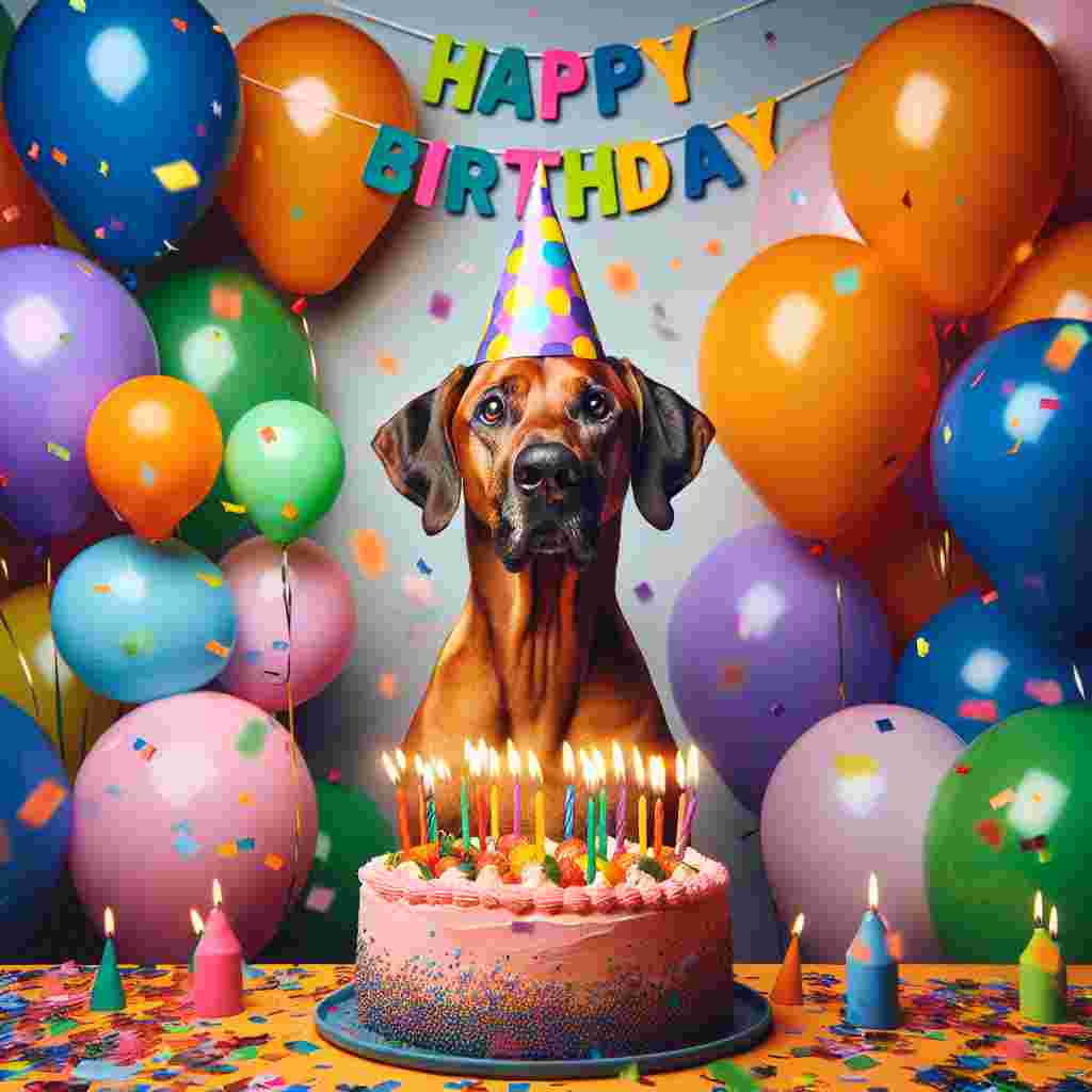 A cheerful illustration featuring a Rhodesian Ridgeback wearing a colorful party hat, surrounded by balloons and confetti. The dog is sitting next to a birthday cake with candles lit. Above them, the words 'Happy Birthday' float in a playful, bubbly font, adding to the festive atmosphere.
Generated with these themes: Rhodesian Ridgeback  .
Made with ❤️ by AI.