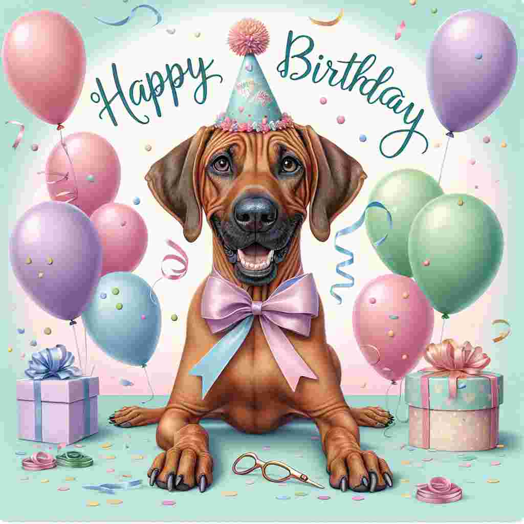 This delightful birthday scene unfolds with a cartoonish Rhodesian Ridgeback at its center, balancing a tiny birthday hat on its head. The dog is surrounded by a whirl of pastel balloons and a sprinkling of confetti. Right next to the grinning pooch, 'Happy Birthday' is written in an elegant, cursive script.
Generated with these themes: Rhodesian Ridgeback  .
Made with ❤️ by AI.