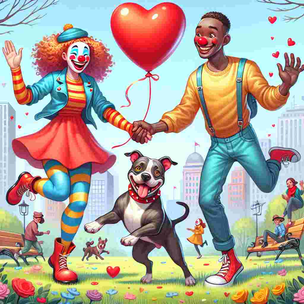 Create a whimsical illustration celebrating Valentine's Day. The main subject of the image should be two joyful clowns of different descents - one South Asian female and one Black male - happily holding hands in a vivid public park. As they engage in playful antics, a charming Staffordshire Bull Terrier, energetic and lively, is seen bounding around them. Fixed to the dog's collar is a heart-shaped balloon, symbolizing the spirit of love and companionship that permeates the scene.
Generated with these themes: Clowns, Staffordshire bull terrier , and Love.
Made with ❤️ by AI.