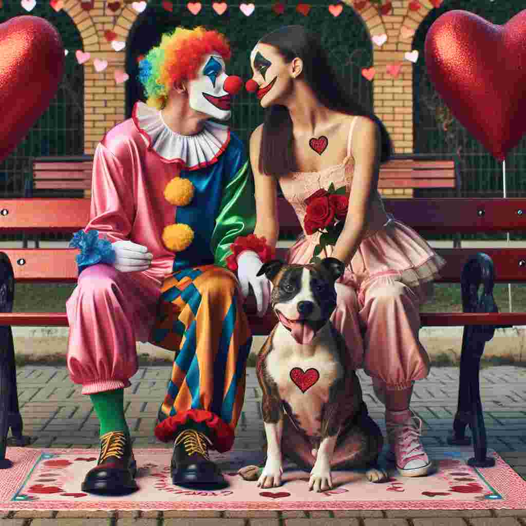 Create a touching scene set on Valentine's Day capturing the essence of love and companionship. It features a clown couple, of Caucasian and Hispanic descent, displaying affection on a park bench. They are dressed colorful outfits ornately decorated with symbols of love. Beside them sits a loyal Staffordshire Bull Terrier, we can see heart patterns subtly apparent on the dog's coat. The dog is looking up at its owners with a look of adoration. The composition merges the themes of clowns, deep-rooted love, and their treasured pet in a delightful, quaint park setting.
Generated with these themes: Clowns, Staffordshire bull terrier , and Love.
Made with ❤️ by AI.