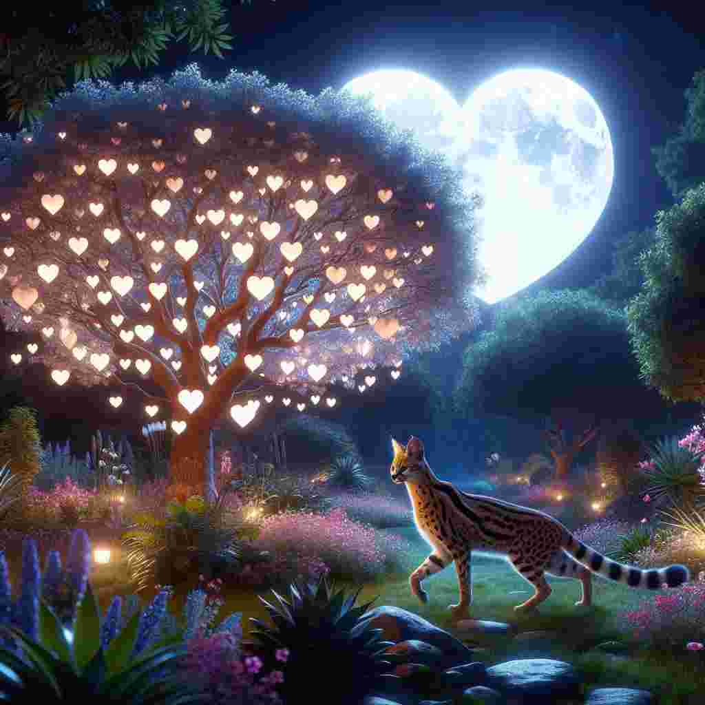 Envision a serene, peaceful garden illuminated under the soft glow of a heart-shaped moon, its gentle luminescence casting a whimsical ambiance across the landscape. A majestic serval, characterized by its distinctive spotted coat, moves gracefully amidst the diverse flora, subtly blending with its surroundings. The tranquility of the environment is accentuated by a captivating tree, laden with heart-shaped leaves that rustle gently in the cool nocturnal breeze. This enchanting tableau encapsulates a spirit of romanticism, perfectly suited to a Valentine's Day theme.
Generated with these themes: Serval, Peaceful garden, Under heart moon, and With heart shaped leaves on a tree.
Made with ❤️ by AI.
