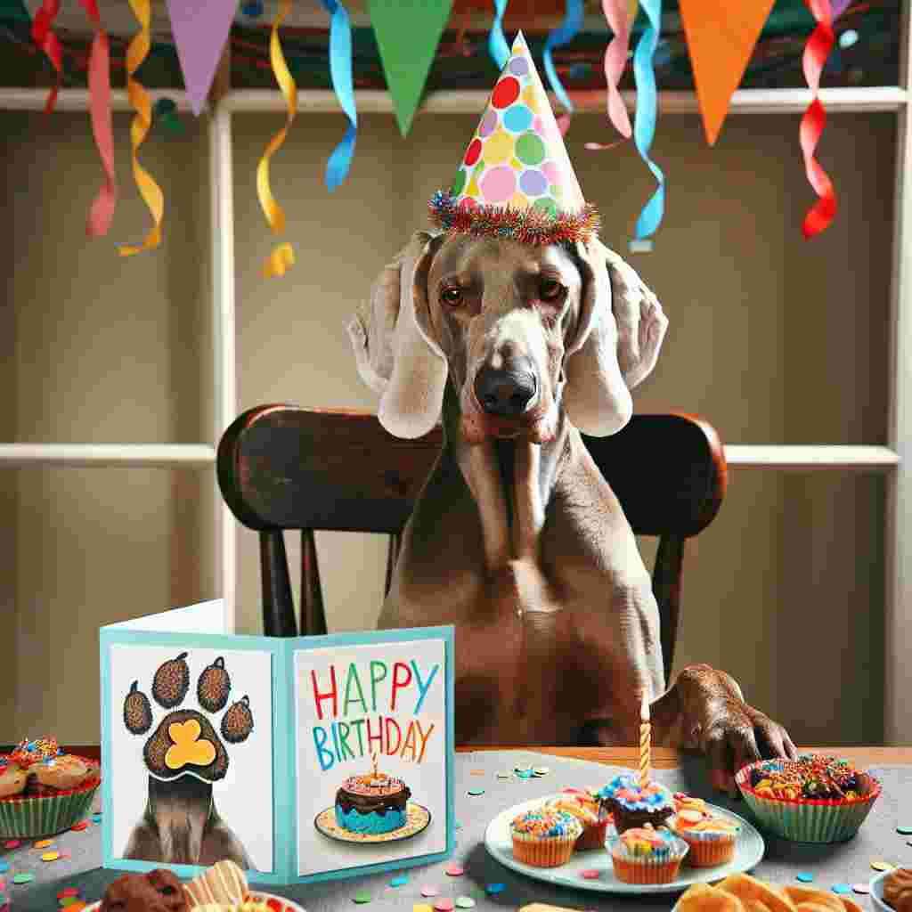 The scene depicts a Weimaraner seated at a festive table laden with birthday treats and wearing a party hat. A birthday card beside it has the dog's paw print and the message 'Happy Birthday' prominently displayed. The room is adorned with streamers and confetti to capture the celebratory mood.
Generated with these themes: Weimaraner  .
Made with ❤️ by AI.