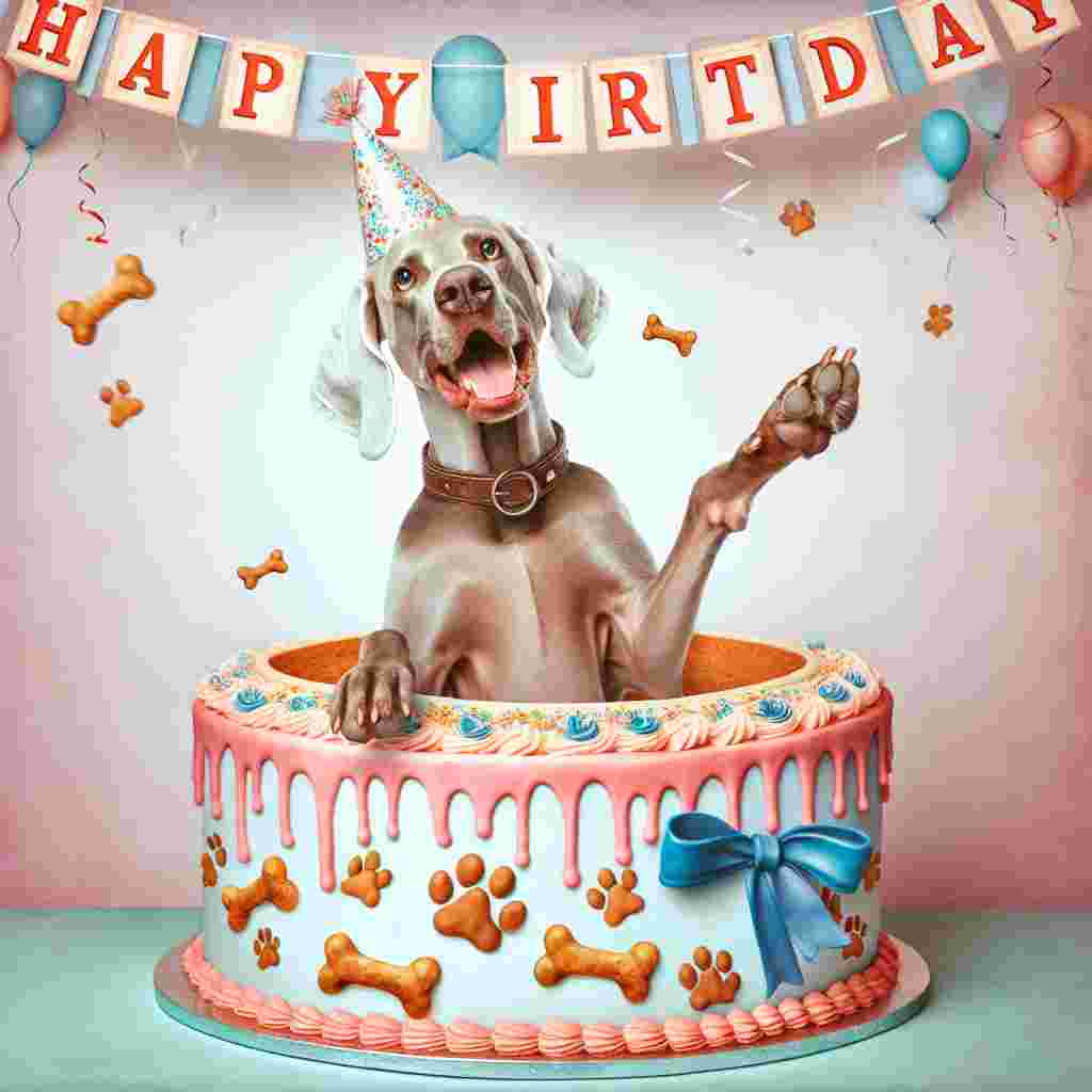 An endearing birthday scene unfolds with a Weimaraner dog gleefully popping out of a giant birthday cake under a banner that reads 'Happy Birthday.' The dog has a cute birthday ribbon on, and the cake is decorated with bones and paw prints.
Generated with these themes: Weimaraner  .
Made with ❤️ by AI.