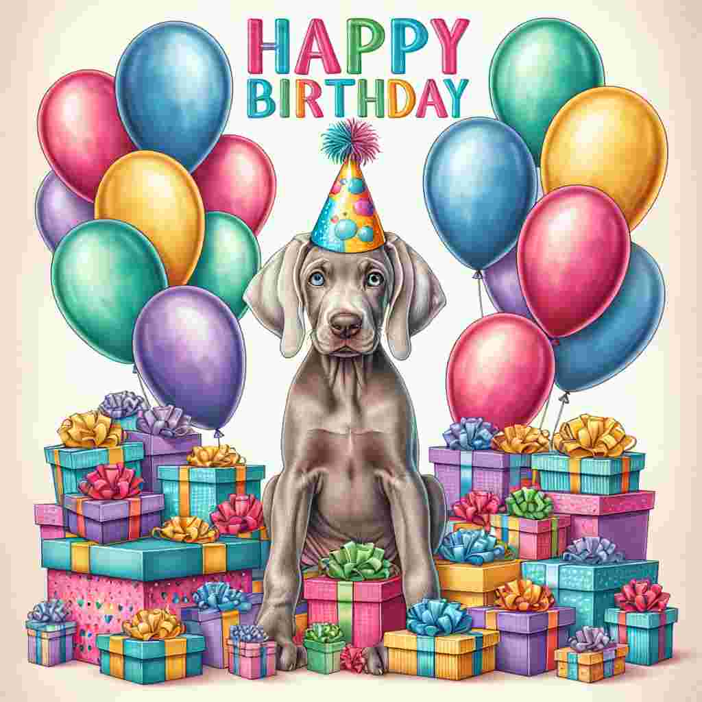 A charming birthday card showcasing a playful Weimaraner puppy wearing a party hat and sitting amidst a pile of colorful presents. Balloons drift in the background, and above the pup, the words 'Happy Birthday' are written in cheerful, bold letters.
Generated with these themes: Weimaraner  .
Made with ❤️ by AI.