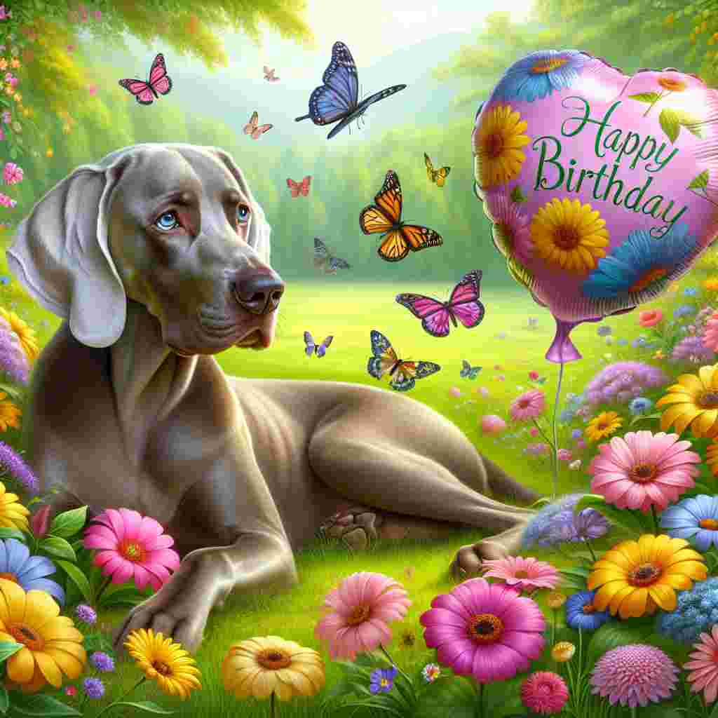 A heartwarming illustration of a Weimaraner lying on a grassy meadow, surrounded by flowers and butterflies. It's gazing at a fluttering balloon shaped like a bone with 'Happy Birthday' inscribed on it, adding a whimsical touch to the birthday theme.
Generated with these themes: Weimaraner  .
Made with ❤️ by AI.