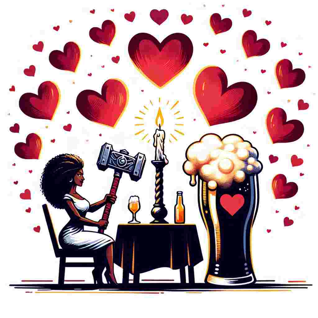 Illustrate a heartwarming scene featuring a black woman with a warhammer, love symbolized by hearts floating in the air around her, demonstrating a protective and affectionate vibe towards her partner. At the forefront, visualize a table set for two with a single candle casting light on two beer mugs, their frothy foam overflowing to form a heart shape, marking the romantic gesture symbolizing Valentine's Day.
Generated with these themes: Warhammer, Black women , and Beer.
Made with ❤️ by AI.