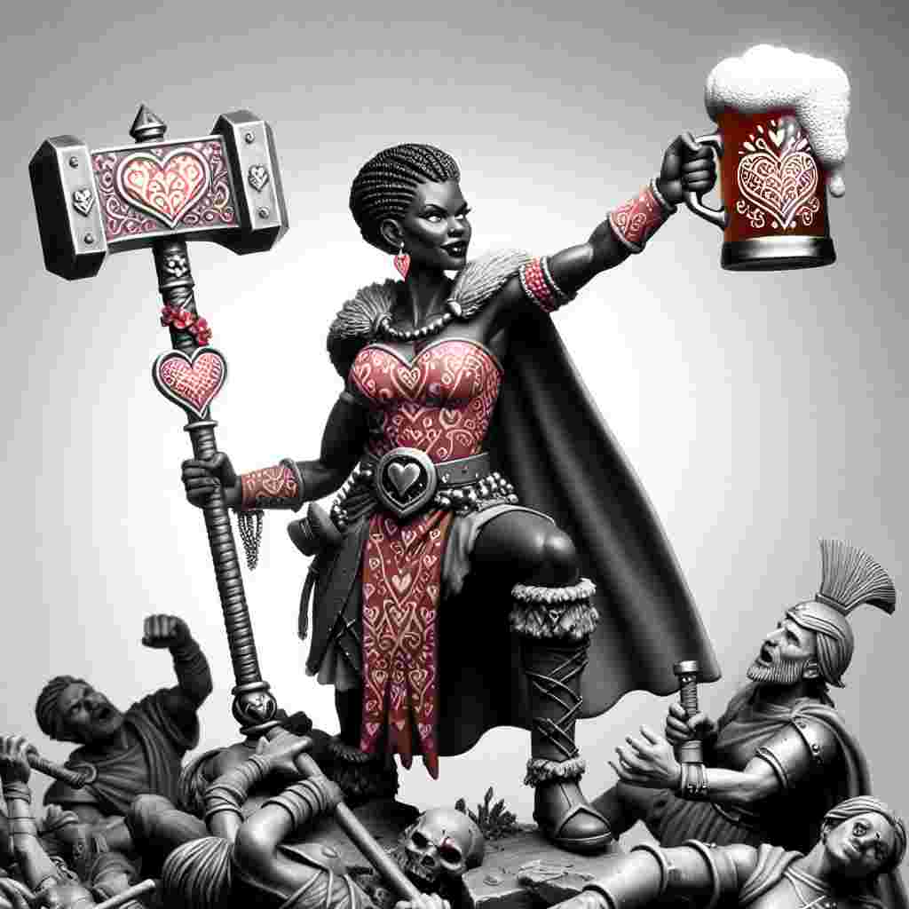 Create a delightful scene showing a black woman warrior adorned in Valentine's Day attire, brandishing a Warhammer with delicate heart designs etched into it. She strikingly stands in a victorious posture atop a pile of defeated adversaries. In her hand, she raises a toast with a beer mug that overflows with a frothy brew shaped like a heart, subtly reinforcing the theme of love and triumph.
Generated with these themes: Warhammer, Black women , and Beer.
Made with ❤️ by AI.