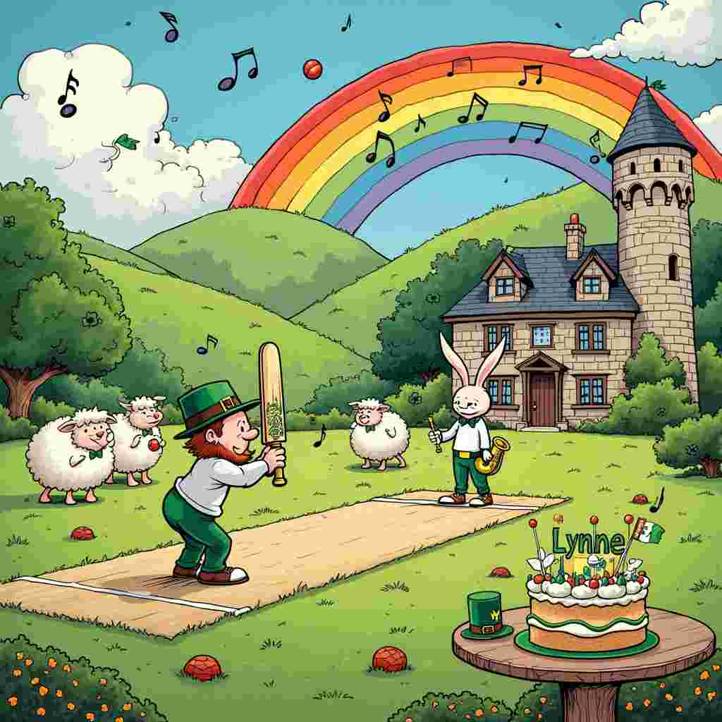 In the bustling, vibrant scene for Lynne's 50th birthday card, imagine a lively Irish countryside setting, inspired by the charming quirkiness of Charles Schulz and the whimsical detail of Bill Watterson. At the center, we see a cricket pitch surrounded by rolling green hills, dotted with picturesque cottages, all beneath a vivid rainbow arching across the sky. 

On the pitch, a group of animated characters, a mix of cartoonish humans and anthropomorphic animals, are engrossed in a game of cricket. The batsman, a jovial leprechaun in traditional Irish garb, swings his bat enthusiastically as the ball, with a mischievous smiley face, soars toward the rainbow.

To the left of the pitch, there is a choir of sheep, each wearing a tiny bow tie, singing melodiously. Their music notes float into the air and morph into whimsical shapes that merge with the clouds. Above them, in the clouds, the words "Happy 50th Birthday, Lynne!" are artistically woven, each letter crafted from fluffy, cotton-like cloud material.

On the right side of the pitch, we see a saxophone-playing rabbit, standing on a small wooden stage decorated with shamrocks and Irish flags. The rabbit is mid-solo, eyes closed, clearly lost in the music. The saxophone’s notes are illustrated as colorful, swirling ribbons that intertwine with the cricket action and choir’s song.

In the background, behind the cricket pitch, there's a classic Irish castle with a few friendly ghosts peeking out of the windows, waving Irish flags. Near the castle, a big birthday cake stands tall with "Lynne" written in vibrant green icing on top. The cake is decorated with miniature figures of cricketers, choir singers, and a tiny saxophone.

Every element of the scene bursts with life and celebration, all coming together to wish Lynne a uniquely memorable 50th birthday.
Generated with these themes: 50th birthday, Choir singing, Cricket, Rainbow, Saxophone, and Ireland.
Made with ❤️ by AI.