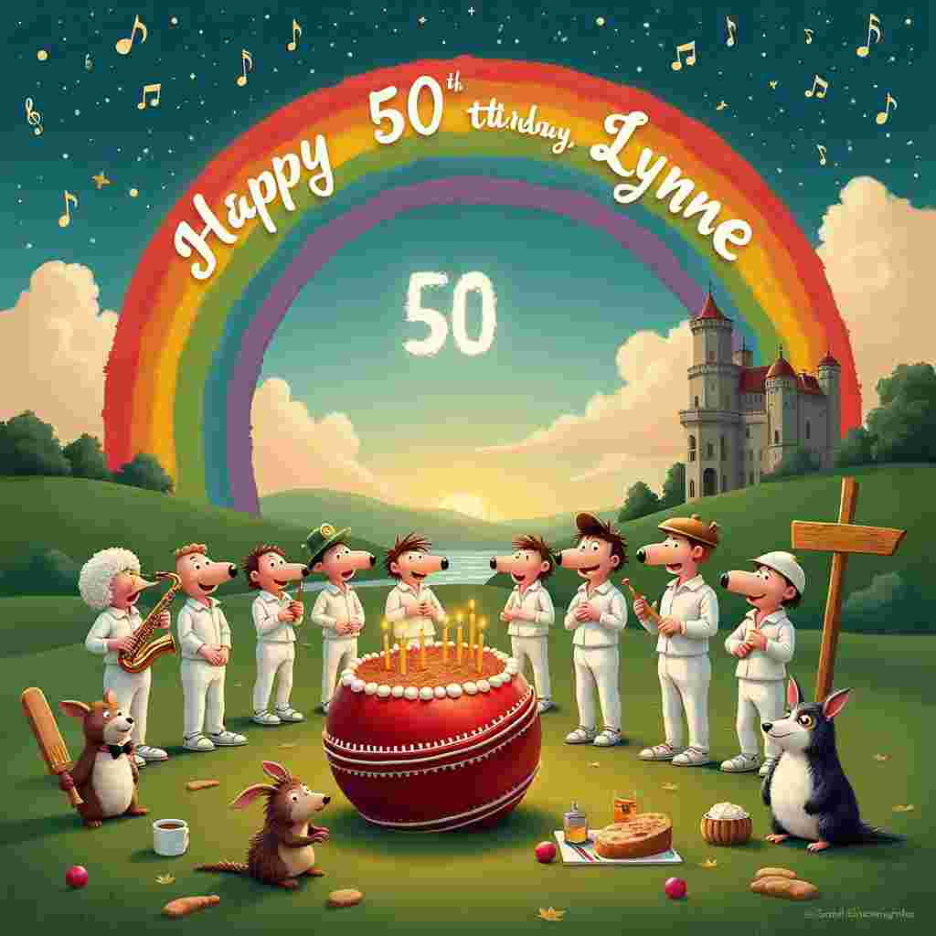 Picture this whimsical scene for Lynne's 50th birthday greetings card:

In the heart of an emerald-green Irish countryside, a group of anthropomorphic cricket players take a break from their game to sing "Happy Birthday" in a colorful choir. The choir consists of a mix of the cricket players in their traditional white uniforms and quirky characters like a sheep playing a saxophone and a leprechaun directing the ensemble with a cricket bat.

A magnificent rainbow arches across the sky, with each stripe of color shimmering vibrantly. Suspended in the middle of this rainbow, written in playful, cloud-like letters, is "Happy 50th Birthday, Lynne!" In the foreground, there's a large, decorated birthday cake shaped like a cricket ball, complete with a shiny, edible red glaze and the number 50 in sparkling golden candles.

A cheerful group of cartoon animals, reminiscent of Schulz's Peanuts gang, stand around the cake. They include a hedgehog holding a cricket bat, a rabbit in a bow tie singing along with the choir, and a wise old owl wearing reading glasses perched on a picnic table, which is laden with traditional Irish goodies like soda bread and pots of tea.

To the side, there's an Irish castle on a hill, its turrets adorned with banners featuring musical notes and saxophones. The sky behind the castle transitions from day to night, showcasing a dazzling sunset that merges into a starry sky, echoing the hues of the rainbow above. 

In the distance, beyond the cricket pitch, a calm river winds through the landscape, and on the riverbank stands a large wooden signpost pointing towards "Lynne's 50th Birthday Extravaganza!"

Every character, element, and backdrop detail contributes to a lively, festive, and uniquely personalized celebration for Lynne's milestone birthday.
Generated with these themes: 50th birthday, Choir singing, Cricket, Rainbow, Saxophone, and Ireland.
Made with ❤️ by AI.