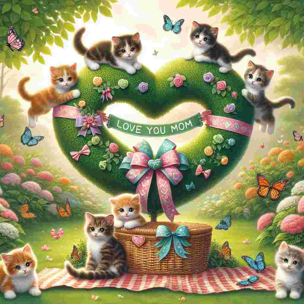 An outdoor garden landscape where a few kittens of diverse fur colors are playfully adorning a heart-shaped topiary with colorful ribbons and bows. A banner reading 'Love You Mom' is gently flapping in the soft breeze. Delicate butterflies of various species flutter around adding a charming layer to the scene. A picnic blanket with chequered pattern is laid out on a lush green patch. On top of it is a basket, slightly opened, hinting at a Mother's Day feast organized by the kitty family. The atmosphere is warm and welcoming, beautifully capturing the spirit of Mother's Day.
Generated with these themes: cats.
Made with ❤️ by AI.
