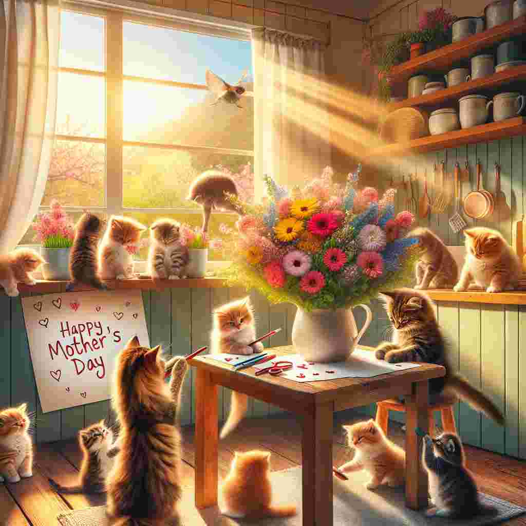 Imagine a snug kitchen environment, where multiple kittens of different breeds are playfully arranging a vibrant bouquet of spring blossoms. They are also creatively working on a 'Happy Mother's Day' card on a compact wooden table. Strands of sunlight are seeping through a transparent glass window, casting a comforting golden light all over setting. Outside the window, a diverse family of birds are cheerfully chirping, thus adding a harmonious, affectionate note to the Mother's Day theme.
Generated with these themes: cats.
Made with ❤️ by AI.