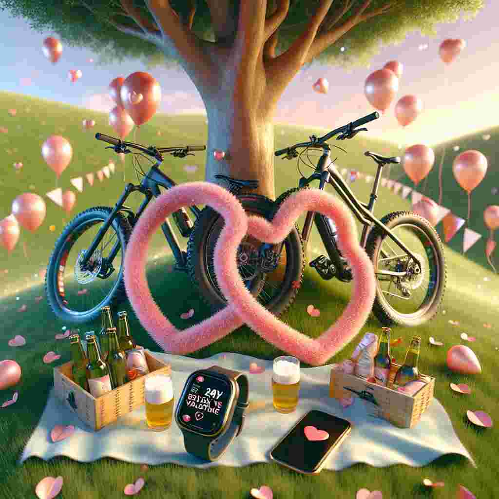 A festive and fun Valentine's Day illustration features two mountain bikes leaning against a warm, inviting tree on a gently rolling hill. The tires of the bikes form intertwined hearts, crafting a symbolic image of love. Adjacent to them is a quaint picnic setup which includes a chilled bottle of beer and a high-tech fitness smartwatch, its display flashes the endearing message 'Be My Valentine'. A backdrop filled with soft, delicate pastel-colored balloons and fluttering streamers adds to the celebratory mood. Completing the lovely tableau are two phones laid carelessly on the soft grass, their screens displaying a heart emoji, encapsulating the spirit of love and romance present in the scene.
Generated with these themes: Mountain bike, Fitness, Beer, Phone, and Decorating.
Made with ❤️ by AI.