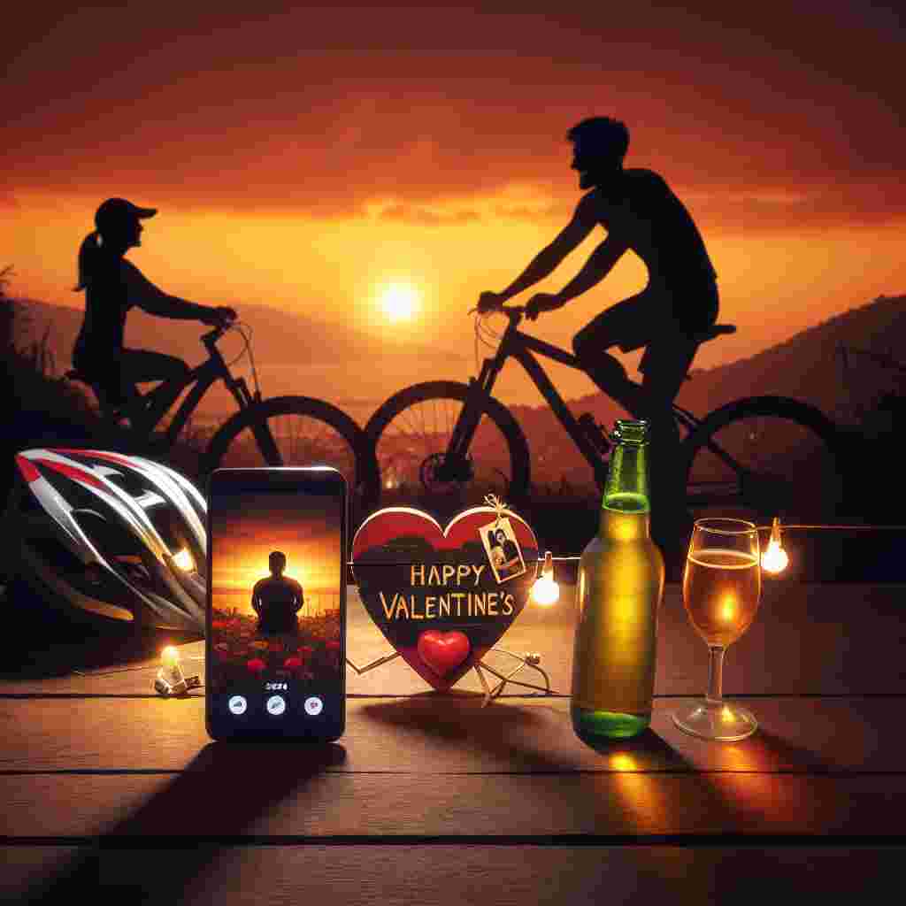 Visualize a delightful scene set at sunset. The foreground is detailed with silhouetted figures of two mountain bike riders positioned near a wooden sign shaped like a heart which reads 'Happy Valentine's'. An open beer bottle casually spills its contents into two waiting glasses, symbolizing a toast to both fitness and love. A smartphone is carefully propped up against a stylish bike helmet, displaying a male and female South Asian couple on its screen, seen decorating a room via video call. This picturesque tableau seamlessly combines notions of distance and intimacy, all beautifully illuminated in the warm radiance of string lights.
Generated with these themes: Mountain bike, Fitness, Beer, Phone, and Decorating.
Made with ❤️ by AI.