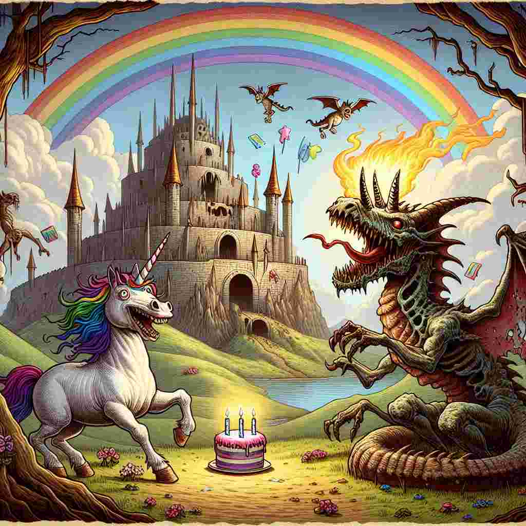 Illustrate an absorbing yet slightly spine-chilling birthday scene in a fantasy world. In the foreground, a delightful zombie unicorn and a terrifying zombie dragon are joyfully frolicking. Behind them, a whimsical rainbow arcs through an imposing skyscape, brightening the things around. Beneath this idyllic scene lies the arcane dungeon firing occasional whiffs of flame that spread a soft luminescence over the entire scenario. Although an inevitable sense of malevolence emanates from the dungeon, the general ambiance of the piece underlines playfulness. The final image should be consistent with a fantasy-themed birthday setting.
Generated with these themes: Zombie unicorn, Zombie Dragon, Rainbow, Dungeon, Fantasy, Fire, and Evil.
Made with ❤️ by AI.