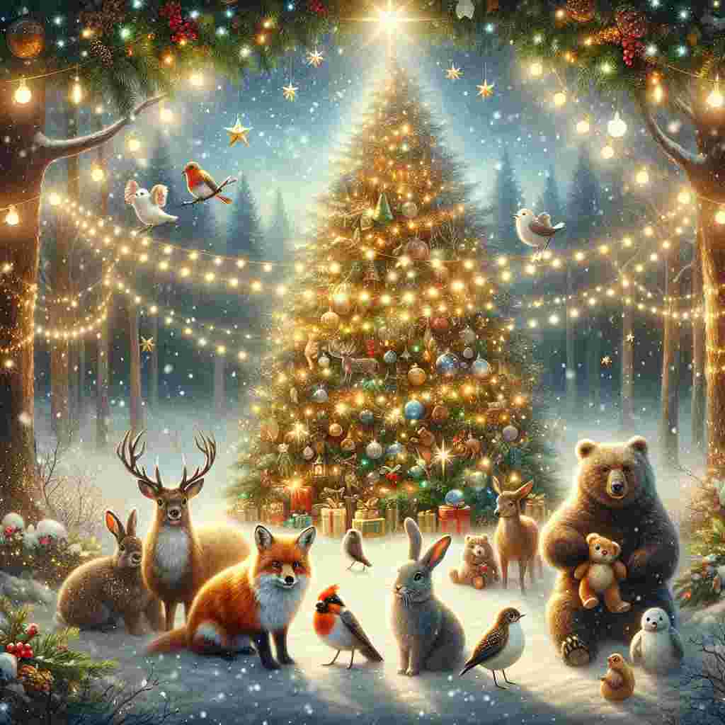 Create a heartwarming New Year's illustration that depicts a charming woodland scene, under the soft twinkle of Christmas lights hanging from an immense Christmas tree. Near the base of the tree, a mix of festive animals including a robin, rabbit, fox, bear, and a deer, gather in a peaceful celebration. Gentle snowflakes fall from the sky onto the tranquil setting, creating an enchanting atmosphere, while stars twinkle in the backdrop, adding a magical element to the holiday scene. The scene is alive with brilliant sparkles that embody the true Christmas spirit.
Generated with these themes: Christmas , Christmas tree, Christmas lights, Robin, Rabbit, Fox, Bear, Deer, Woodland, Star, Sparkle, and Snow.
Made with ❤️ by AI.